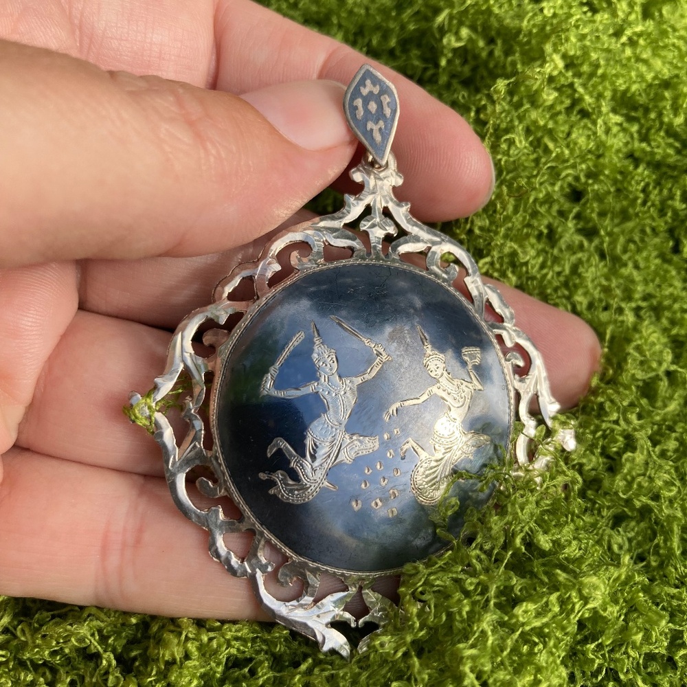 Large, Vintage Solid Sterling Silver, Nielloware … - image 3